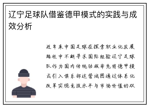辽宁足球队借鉴德甲模式的实践与成效分析